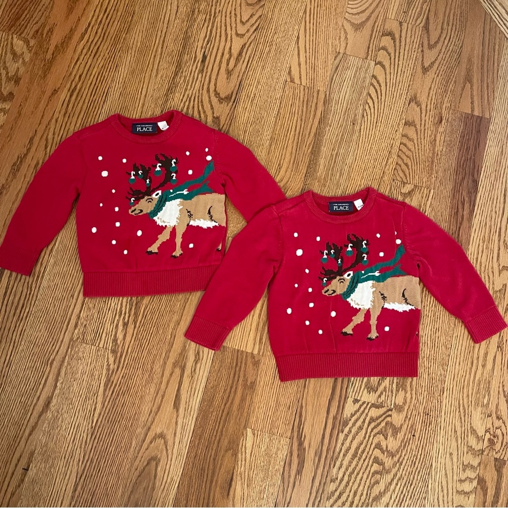 Twin bundle of 2 Christmas sweaters, reindeer, red 18-24 mo